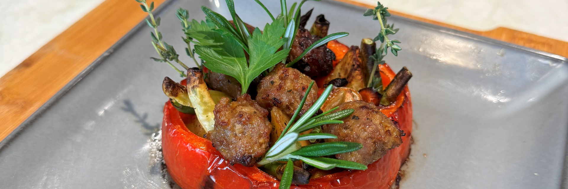 Susur Lee’s Red Pepper Stuffed Medleys with Spicy Italian Sausage