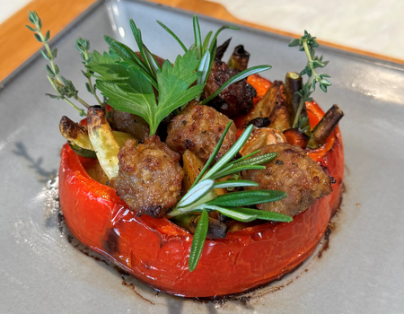 Susur Lee’s Red Pepper Stuffed Medleys with Spicy Italian Sausage